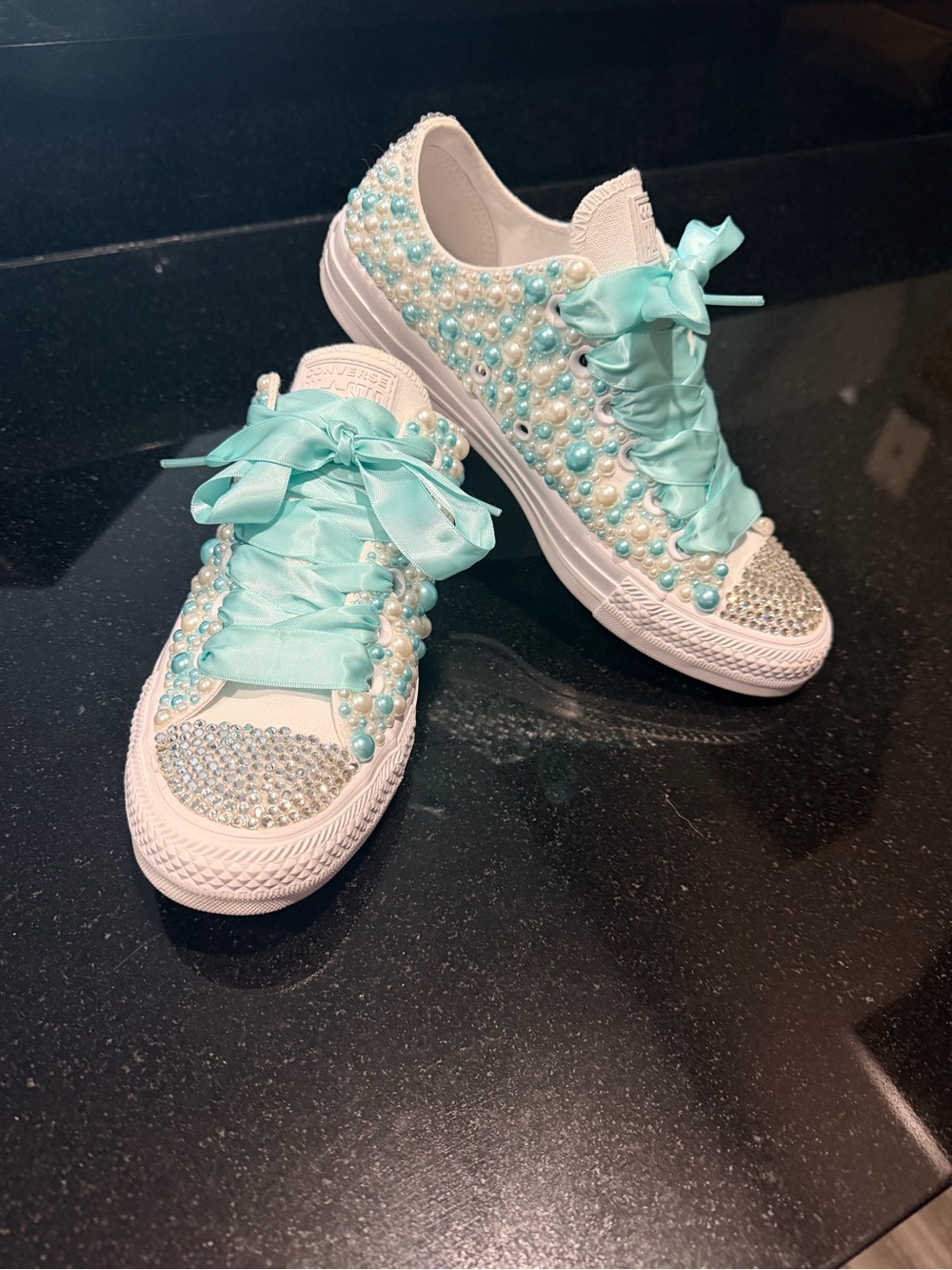 Converse Women's White Sneakers with Aqua Ribbon & Pearl Embellishments